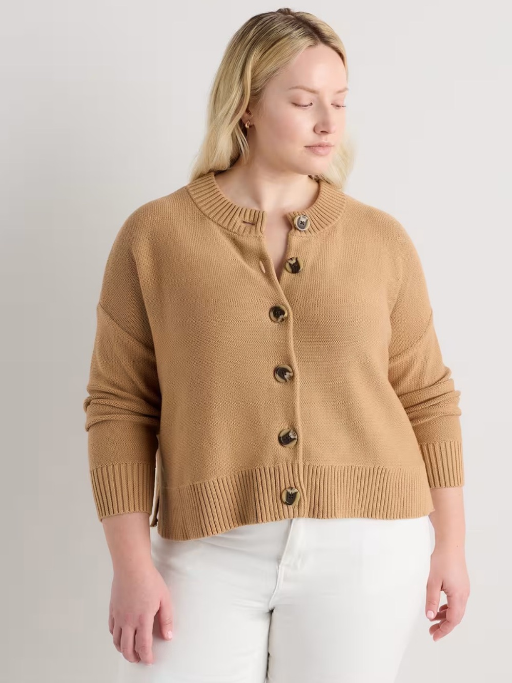 Quince 100% Organic Cotton Cropped Cardigan Button-Front Camel Brown Sweater